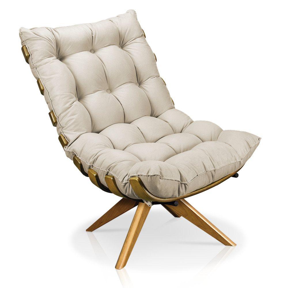 Poltrona Giratória Costela Suede Bege Base Madeira - 1