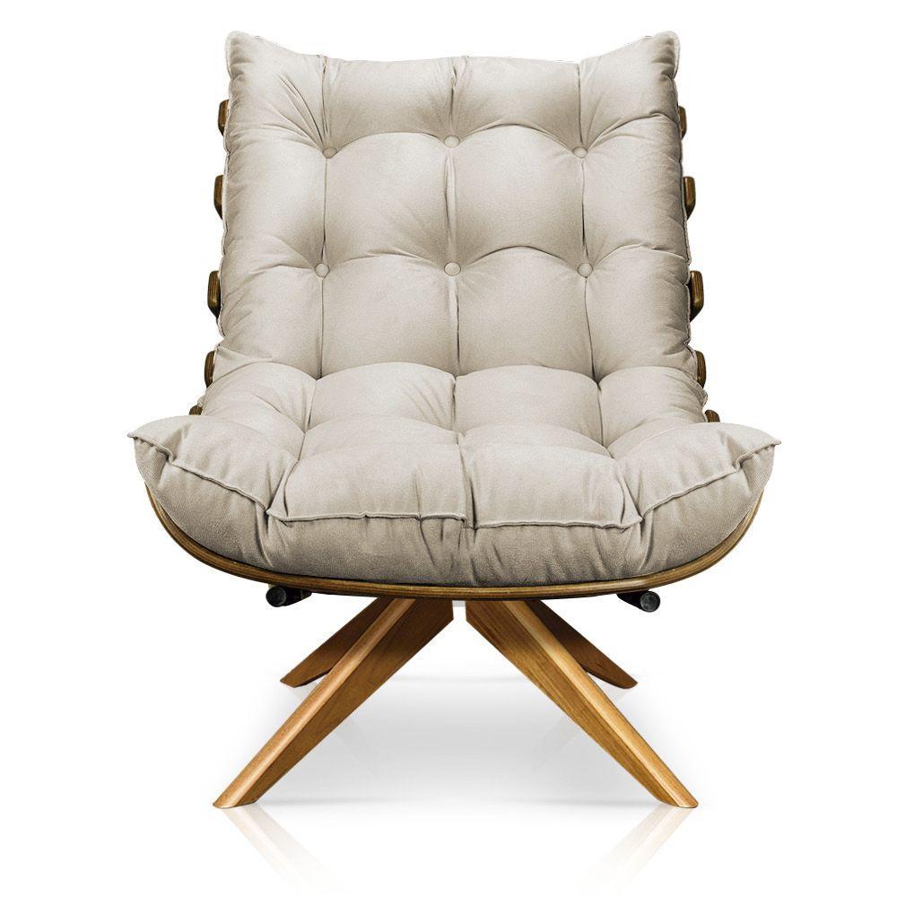 Poltrona Giratória Costela Suede Bege Base Madeira - 4