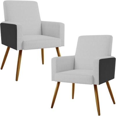 Kit 02 Poltronas Pés Palito Linho Cinza Couríssimo Preto