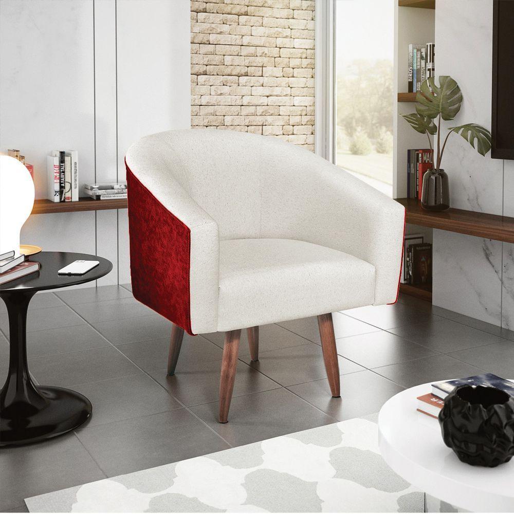 Kit 02 Poltronas Luiza Pés Palito Factor Vermelho E Linho Bege - 6