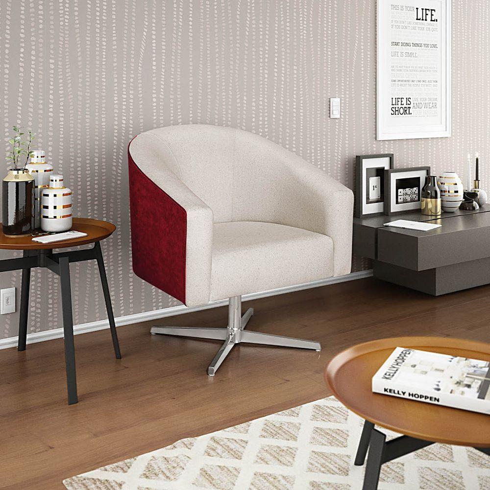 Kit 02 Poltronas Luiza Base Giratória De Metal Factor Vermelho E Linho Bege - 6