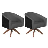 Kit 02 Poltronas Luiza Base Giratória De Madeira Factor Preto E Linho Cinza Escuro - 1