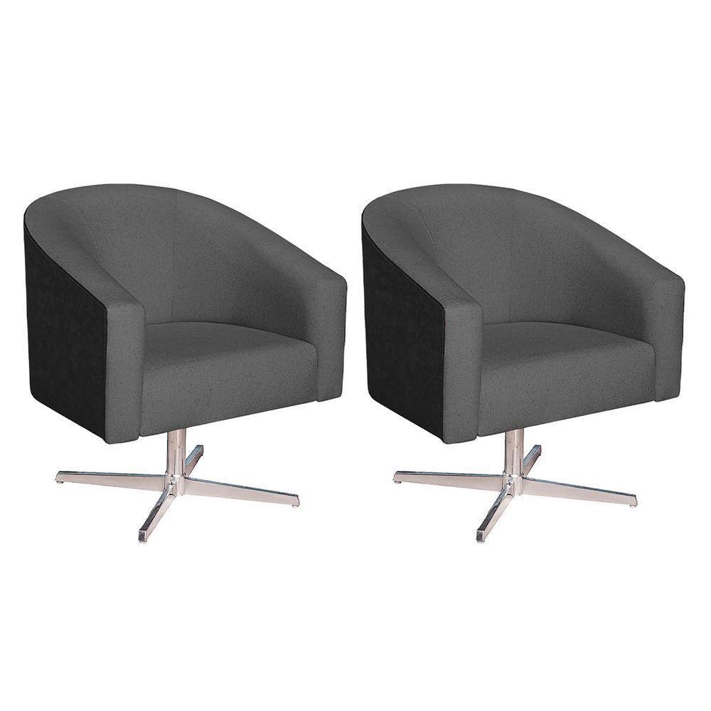 Kit 02 Poltronas Luiza Base Giratória De Metal Factor Preto E Linho Cinza Escuro - 1