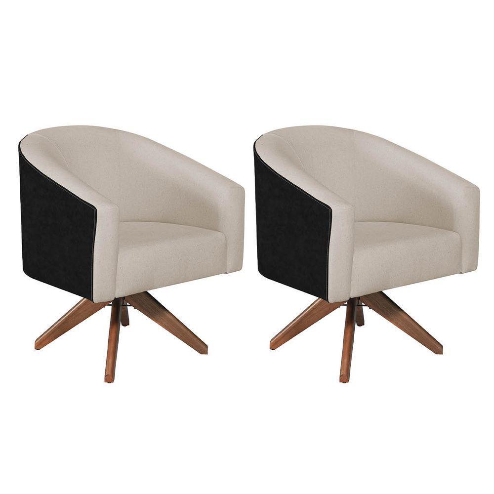 Kit 02 Poltronas Luiza Base Giratória De Madeira Factor Preto E Linho Bege - 2