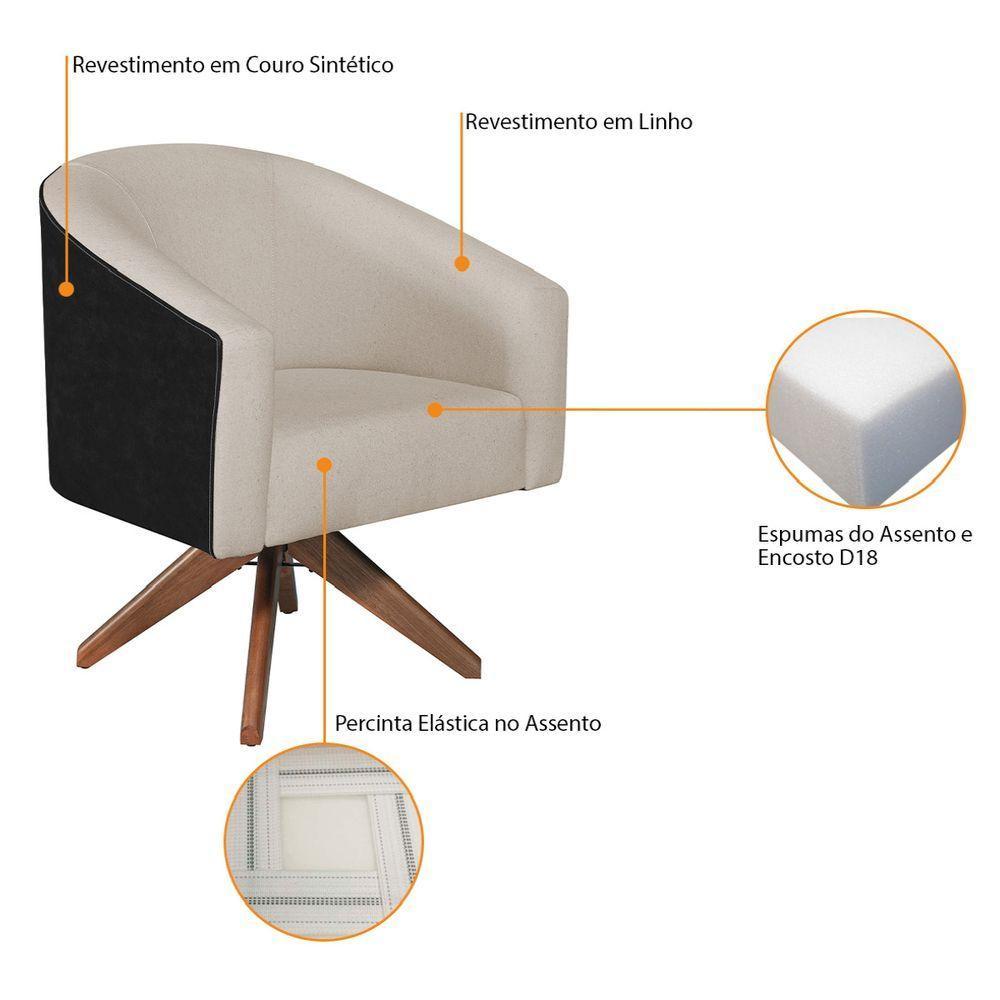 Kit 02 Poltronas Luiza Base Giratória De Madeira Factor Preto E Linho Bege - 4