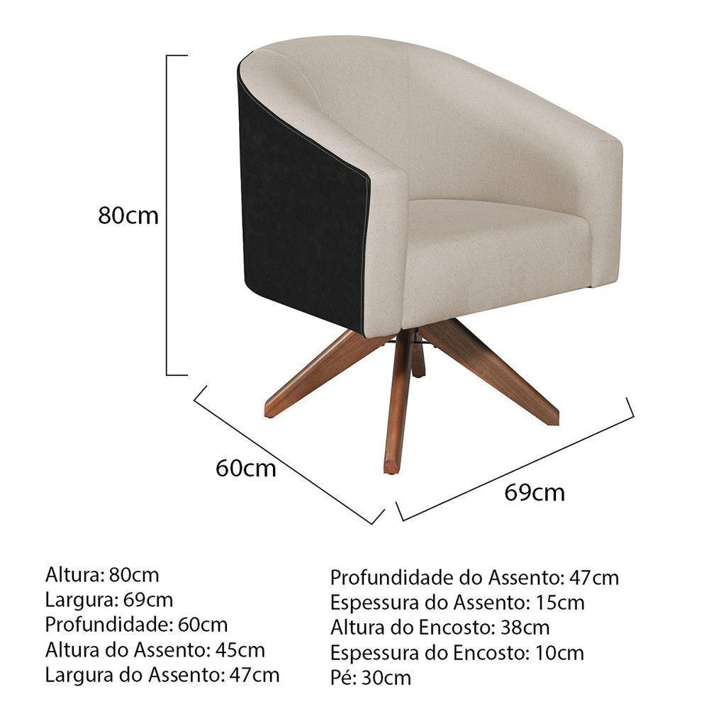 Kit 02 Poltronas Luiza Base Giratória De Madeira Factor Preto E Linho Bege - 5