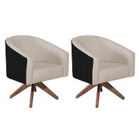 Kit 02 Poltronas Luiza Base Giratória De Madeira Factor Preto E Linho Bege - 2