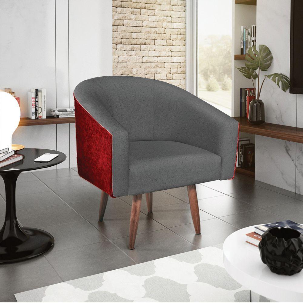 Kit 02 Poltronas Luiza Pés Palito Factor Vermelho E Linho Cinza Escuro - 6