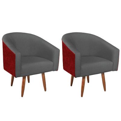 Kit 02 Poltronas Luiza Pés Palito Factor Vermelho E Linho Cinza Escuro