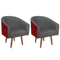 Kit 02 Poltronas Luiza Pés Palito Factor Vermelho E Linho Cinza Escuro - 1