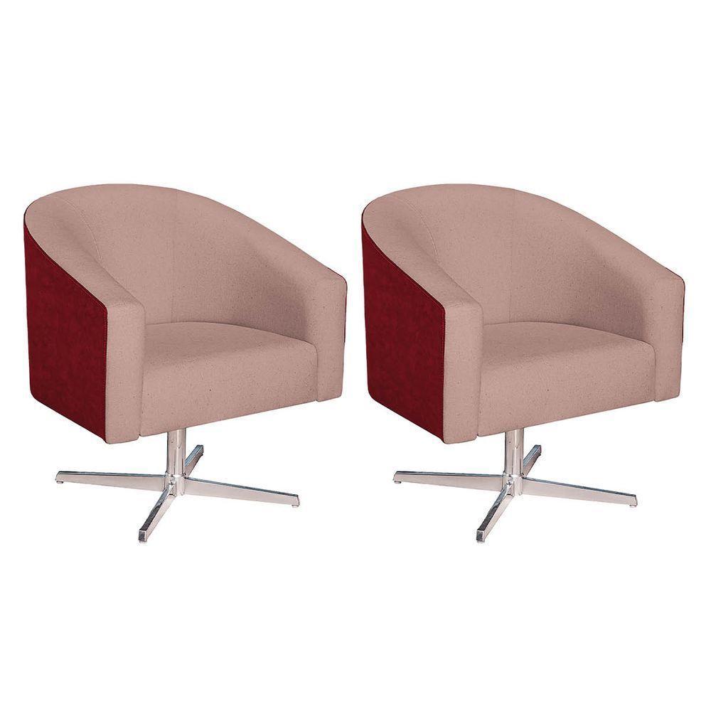 Kit 02 Poltronas Luiza Base Giratória De Metal Factor Vermelho E Linho Rosê - 1