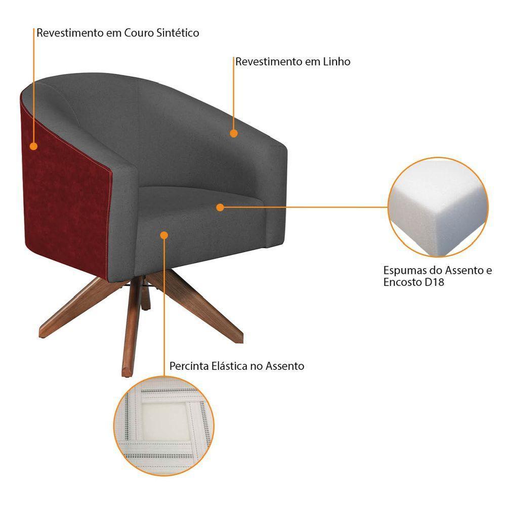 Kit 02 Poltronas Luiza Base Giratória De Madeira Factor Vermelho E Linho Cinza Escuro - 2