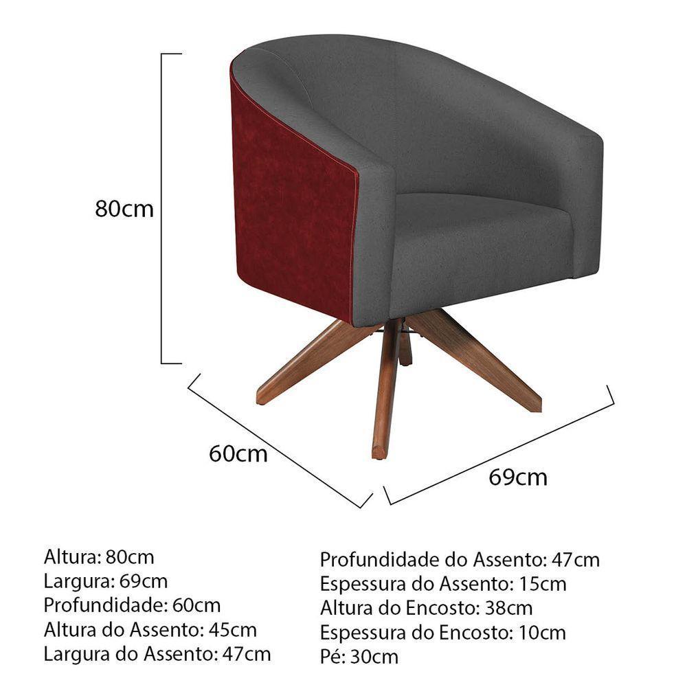 Kit 02 Poltronas Luiza Base Giratória De Madeira Factor Vermelho E Linho Cinza Escuro - 3