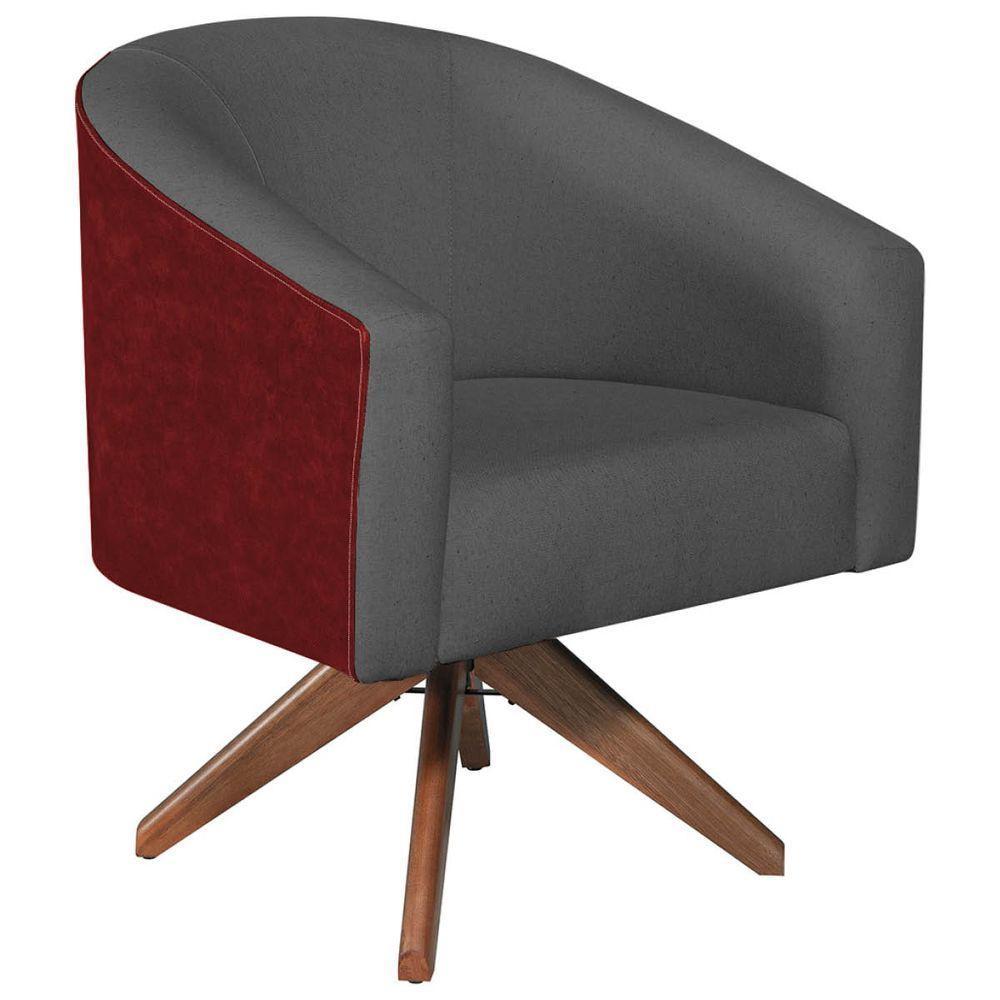 Kit 02 Poltronas Luiza Base Giratória De Madeira Factor Vermelho E Linho Cinza Escuro - 6