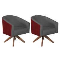 Kit 02 Poltronas Luiza Base Giratória De Madeira Factor Vermelho E Linho Cinza Escuro - 1