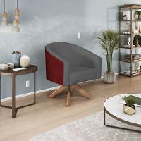 Kit 02 Poltronas Luiza Base Giratória De Madeira Factor Vermelho E Linho Cinza Escuro - 7