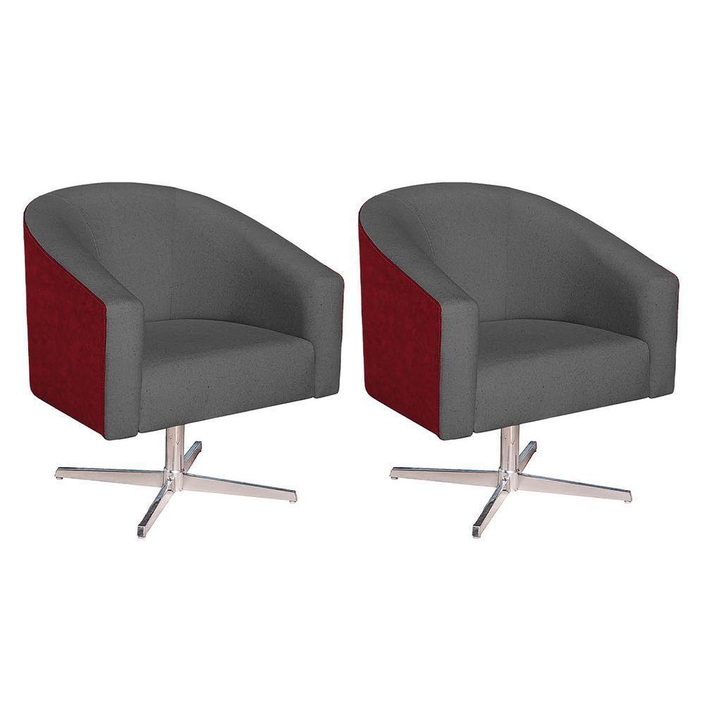 Kit 02 Poltronas Luiza Base Giratória De Metal Factor Vermelho E Linho Cinza Escuro - 1