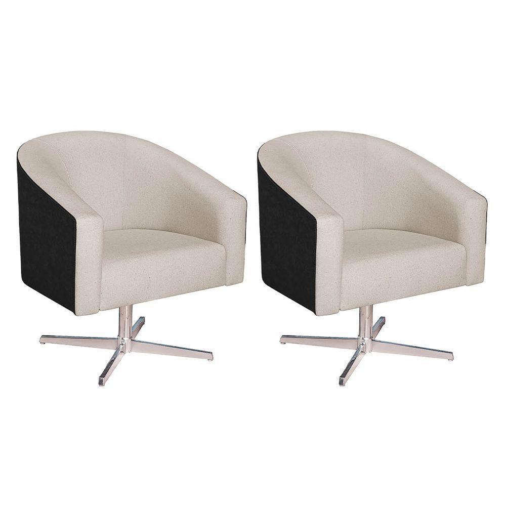 Kit 02 Poltronas Luiza Base Giratória De Metal Factor Preto E Linho Bege - 1