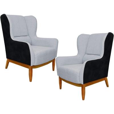 Kit 2 Poltronas Decorativas Milena D02 Linho Cinza D-315 Corino Preto Lyam Decor