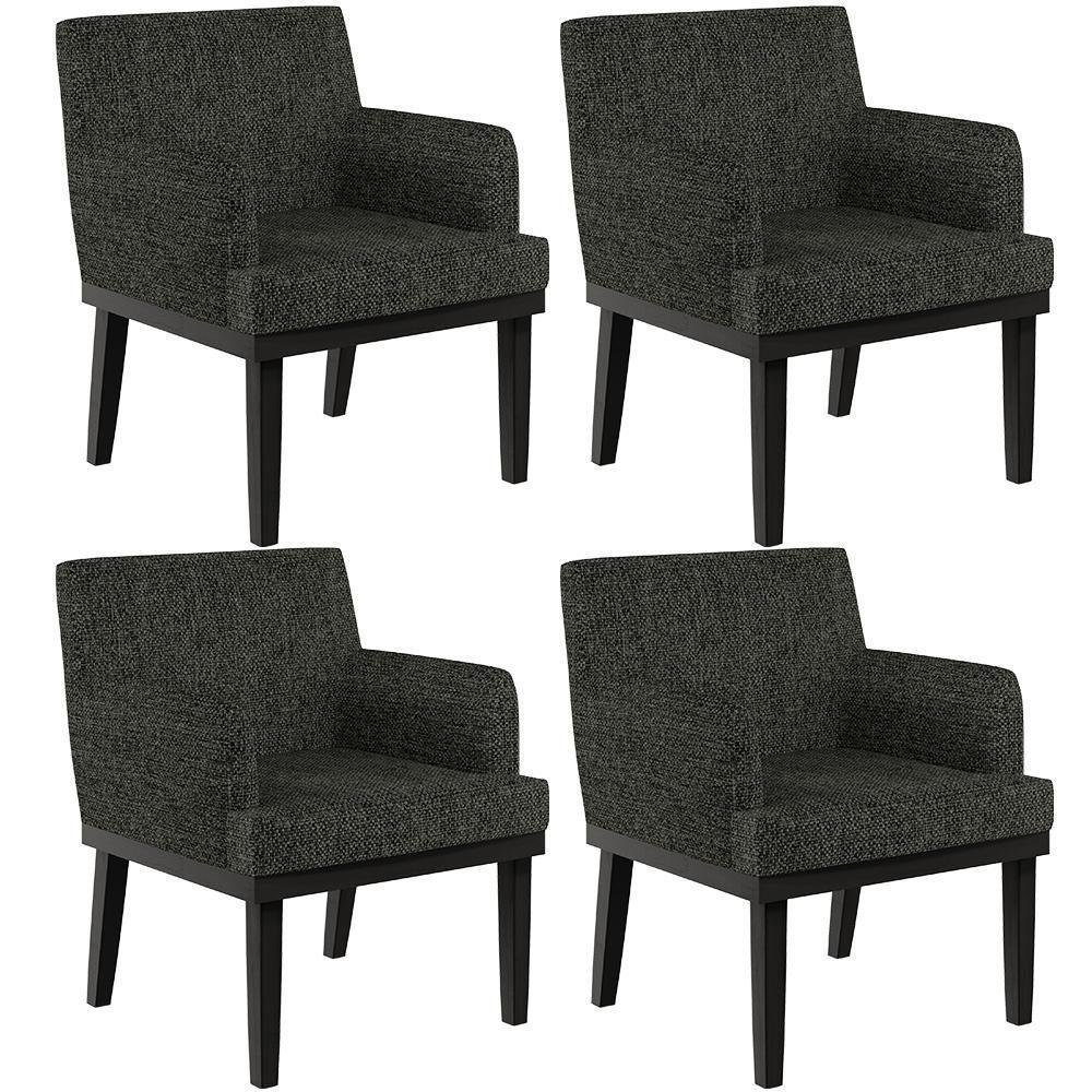 Kit 04 Poltronas Decorativas Sala De Estar Base Preto Beatriz W01 Linho Chumbo - Lyam Decor - 1