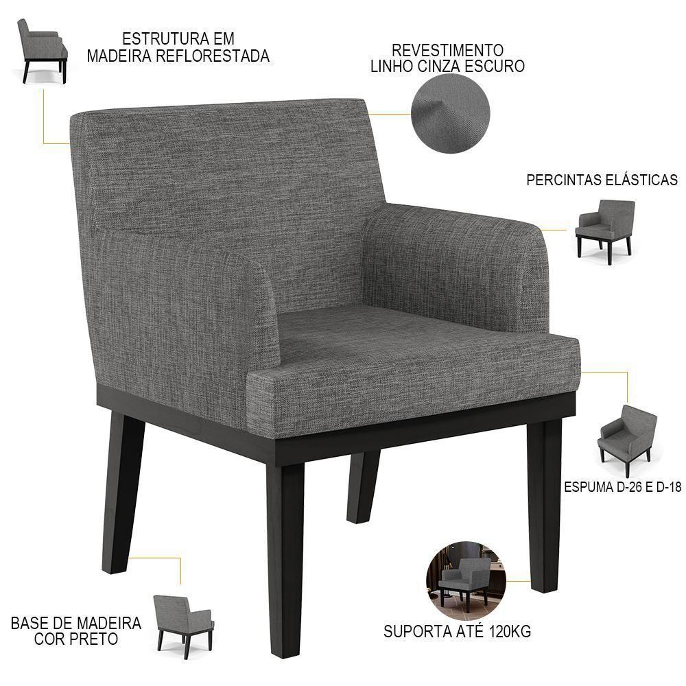 Kit 03 Poltronas Decorativas Sala De Estar Base Preto Beatriz W01 Linho Cinza Escuro - Lyam Decor - 8