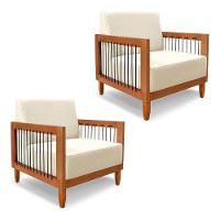 Kit 2 Poltronas Decorativa Marilia Linho Base Em Madeira Castanho - Pallazio Cor Bege - 2