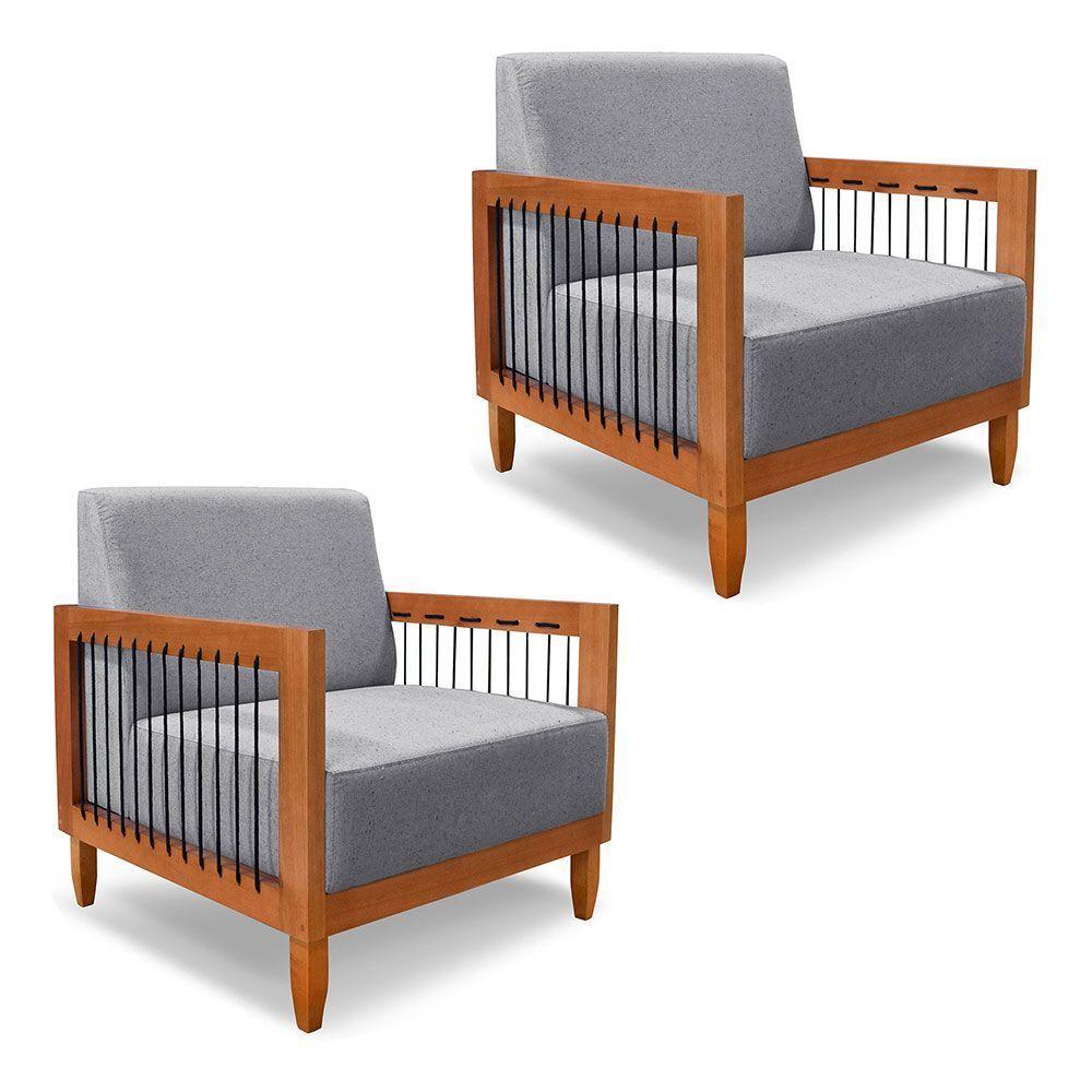 Kit 2 Poltronas Decorativa Marilia Linho Base Em Madeira Castanho - Pallazio Cor Grafite - 1