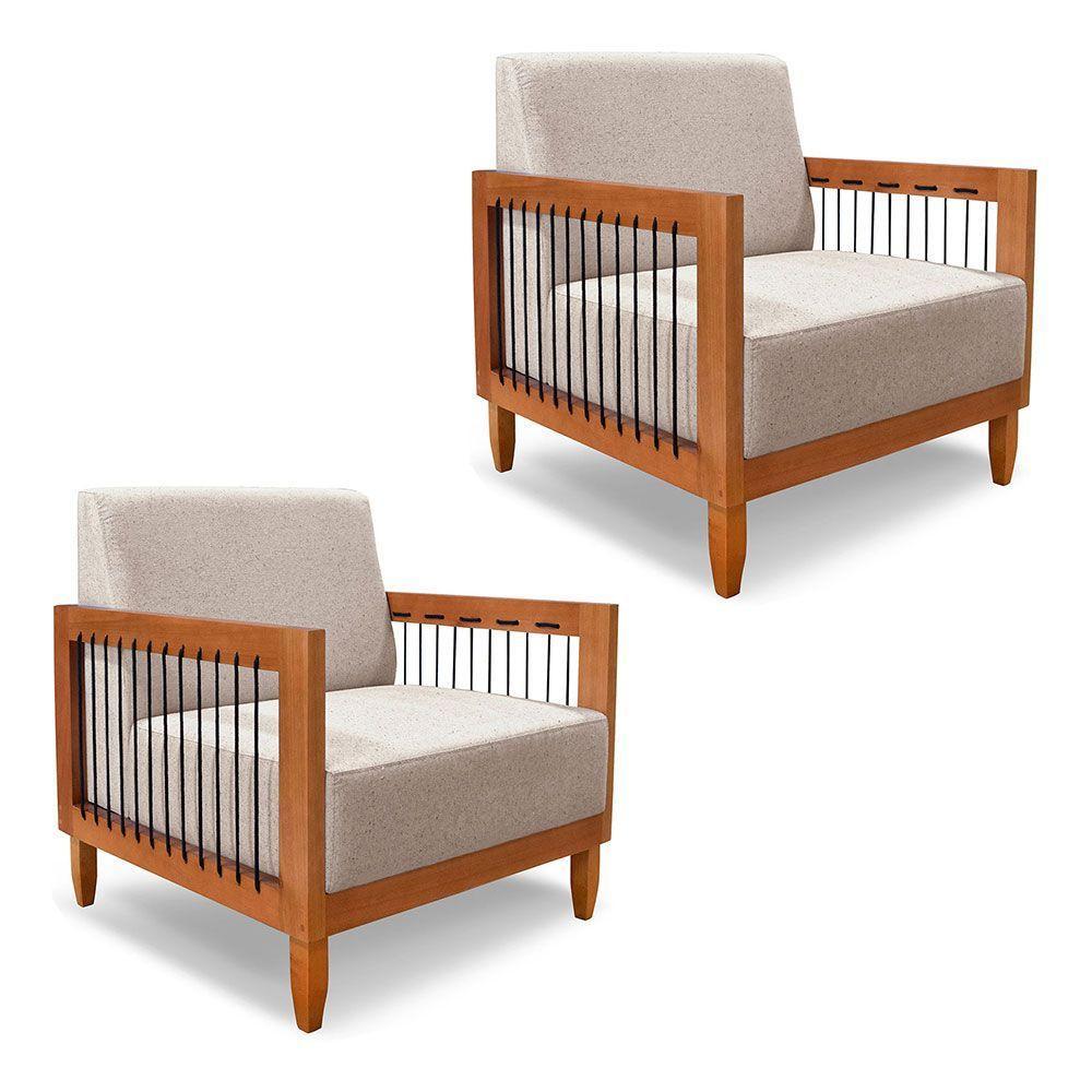 Kit 2 Poltronas Decorativa Marilia Linho Areia Base Em Madeira Castanho - Pallazio - 2