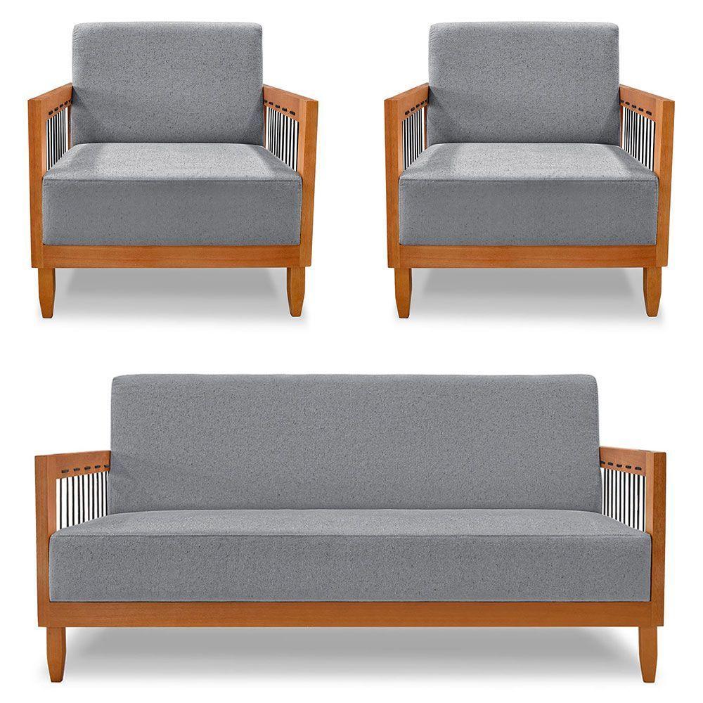 Kit 2 Poltronas E Sofá Living 2 Lugares Marilia 1,60m Linho Base Em Madeira Castanho - Pallazio Cor Grafite - 1