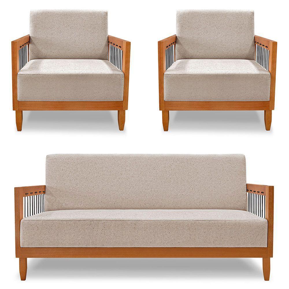 Kit 2 Poltronas E Sofá Living 2 Lugares Marilia 1,60m Linho Base Em Madeira Castanho - Pallazio Cor Areia - 1