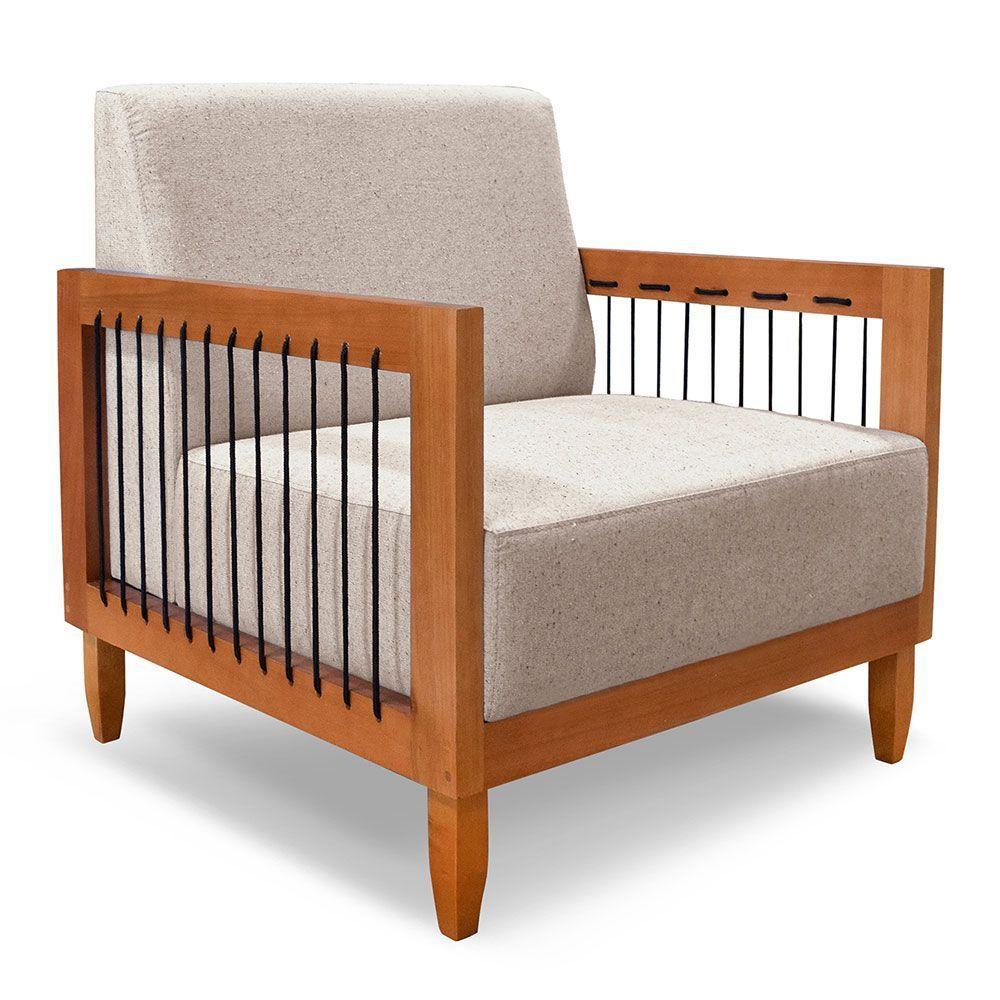 Kit 2 Poltronas E Sofá Living 2 Lugares Marilia 1,60m Linho Base Em Madeira Castanho - Pallazio Cor Areia - 5