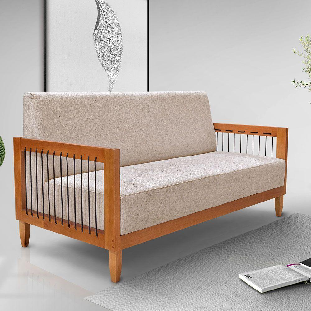 Kit 2 Poltronas E Sofá Living 2 Lugares Marilia 1,60m Linho Base Em Madeira Castanho - Pallazio Cor Areia - 6