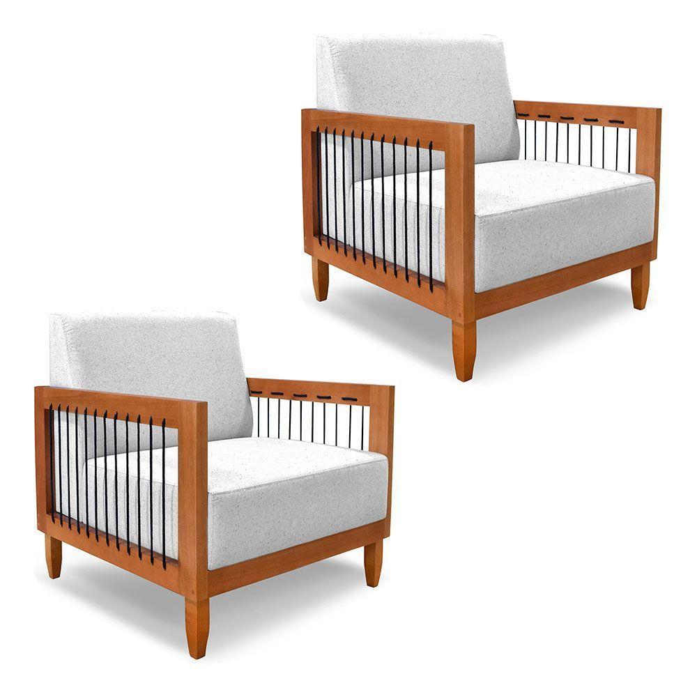 Kit 2 Poltronas Decorativa Marilia Linho Cinza Base Em Madeira Castanho - Pallazio - 1