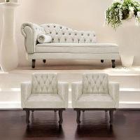 Kit Diva Recamier Diana 185Cm Lado Direito E 02 Poltronas Classic Linho Bege