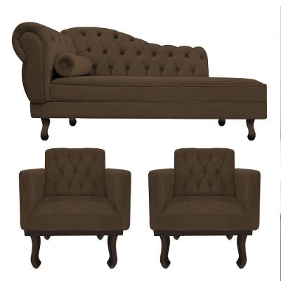 Kit Diva Recamier Diana 160Cm Lado Direito E 02 Poltronas Classic Suede Marrom