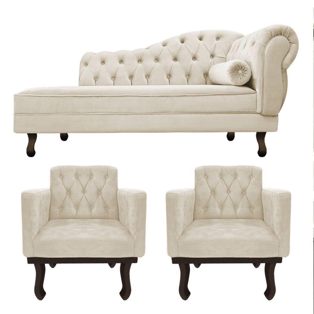 Kit Diva Recamier Diana 160Cm Lado Esquerdo E 02 Poltronas Classic Suede Bege - 1