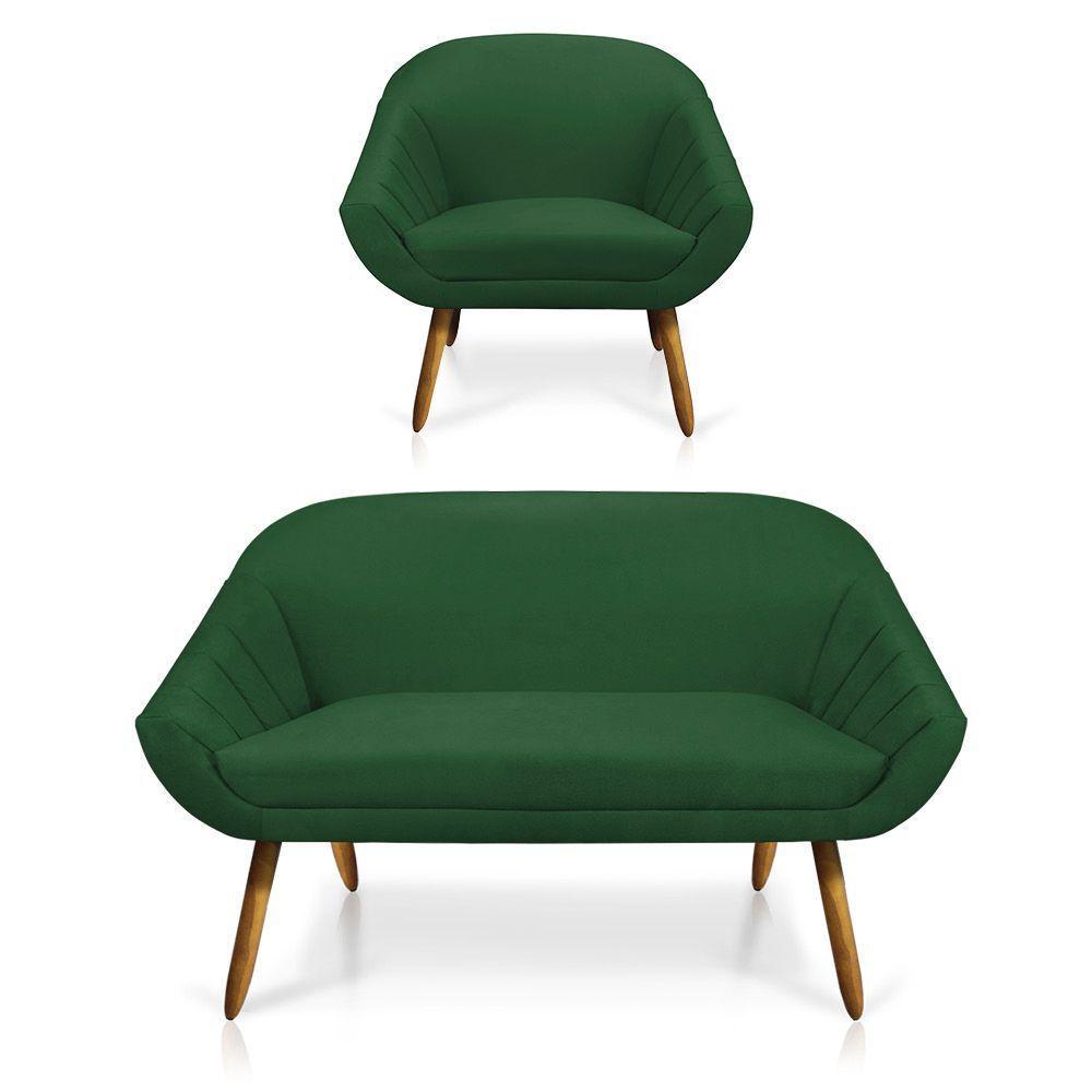 Kit 01 Namoradeira 02 Lugares e 01 Poltrona Giovana Suede Verde Castanho - 1