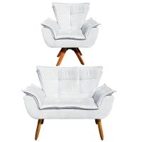 Kit 01 Namoradeira 01 Poltrona Giratória Suede Base Madeira - 1