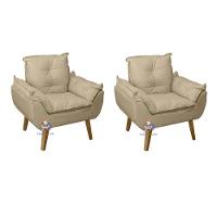 Kit 02 Poltrona Decorativa Opala Suede Bege Linho Smf Decor - 1