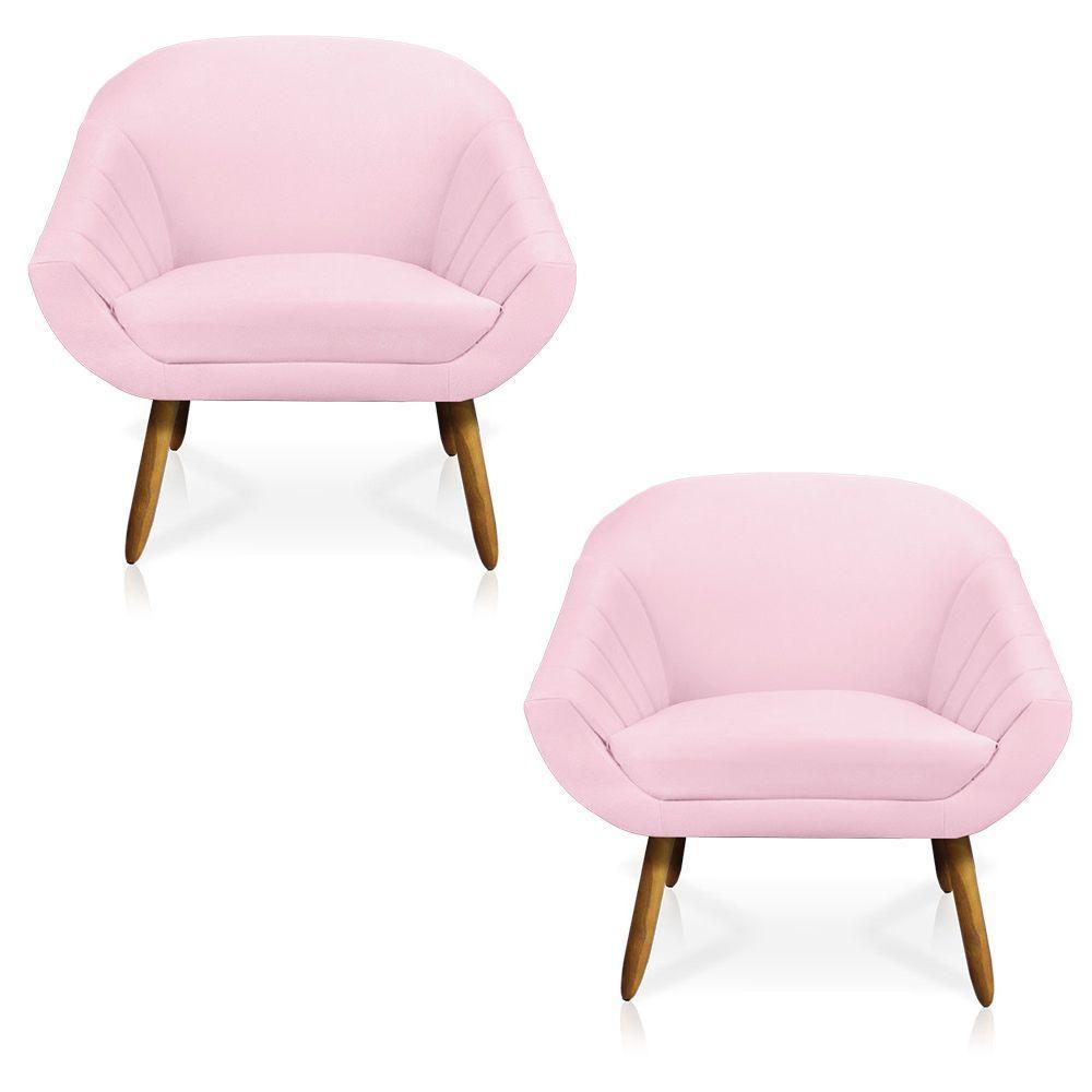 Kit 02 Poltronas Giovana Suede Rosa Bebê Pés Palito Castanho - 1