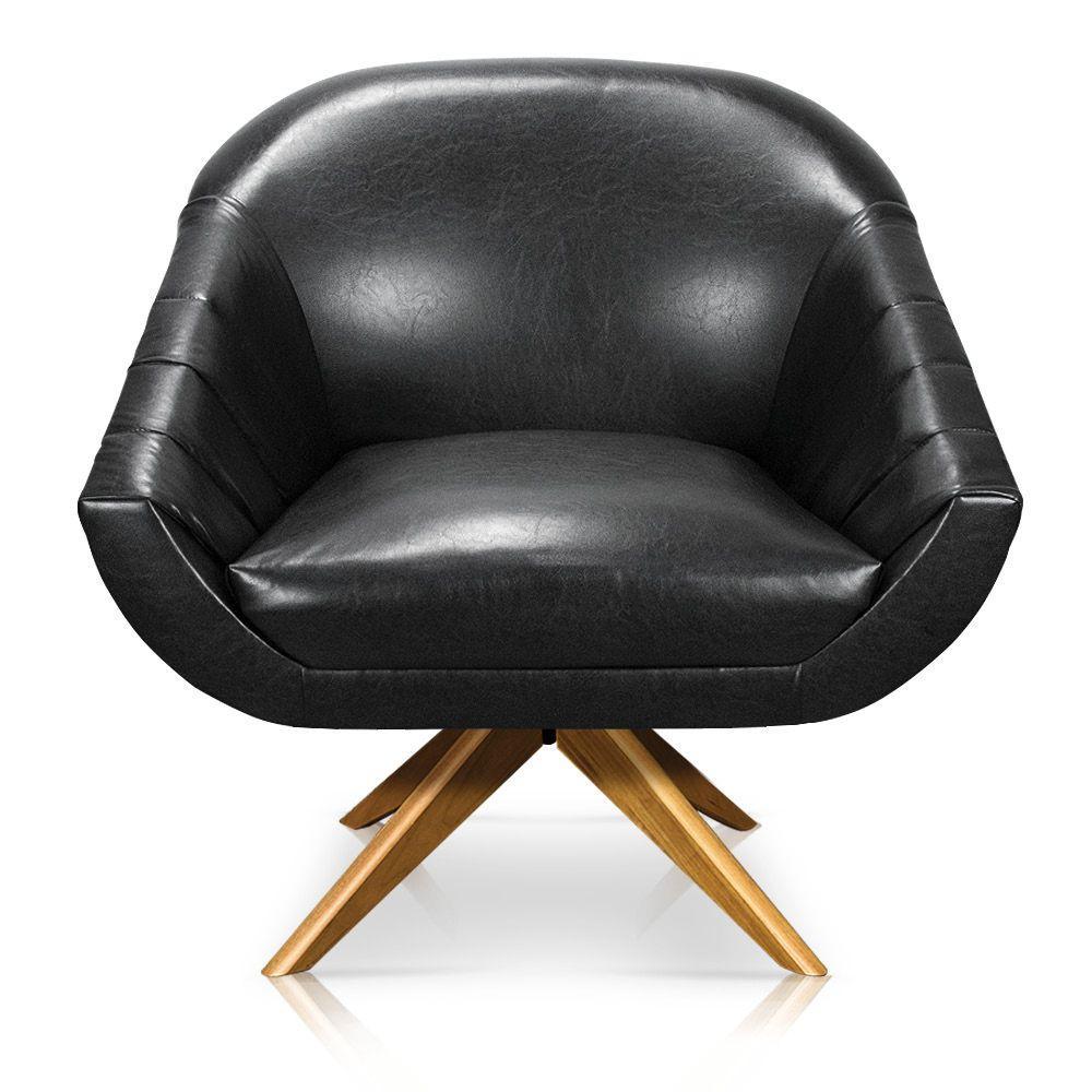 Kit 02 Poltronas Giratória Giovana Corano Preto Base Madeira - 1