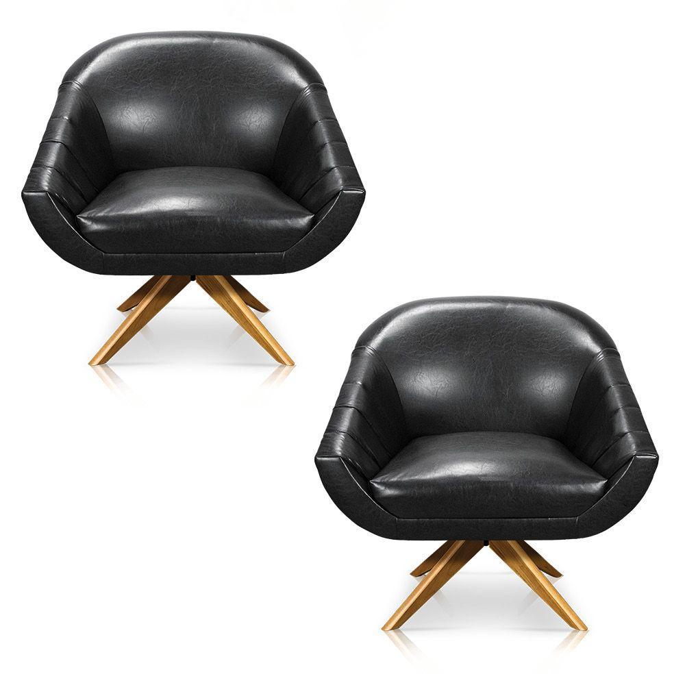 Kit 02 Poltronas Giratória Giovana Corano Preto Base Madeira - 4