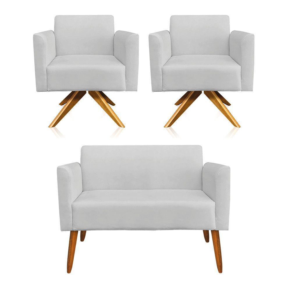 Kit 01 Namoradeira 02 Poltronas Marisa Base Giratória Madeira - 4