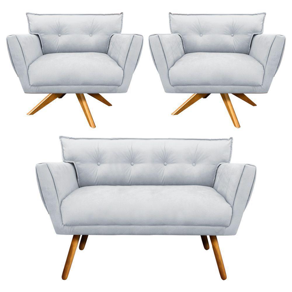 Kit 01 Namoradeira E 02 Poltronas Giratória Suede Base Madeira - 1