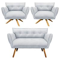 Kit 01 Namoradeira E 02 Poltronas Giratória Suede Base Madeira - 1