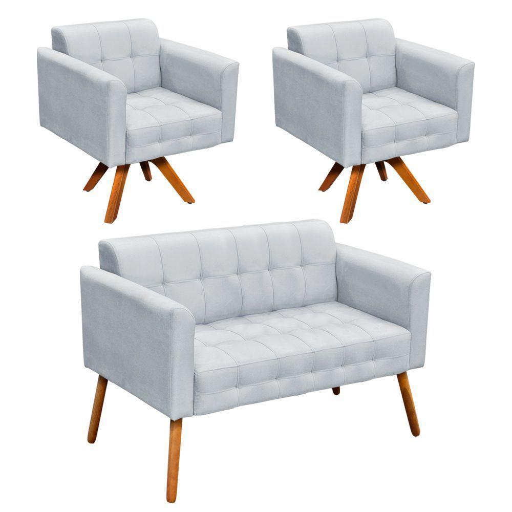 Kit 01 Namoradeira E 02 Poltronas Giratória Suede Base Madeira - 1