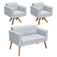 Kit 01 Namoradeira E 02 Poltronas Giratória Suede Base Madeira - 1