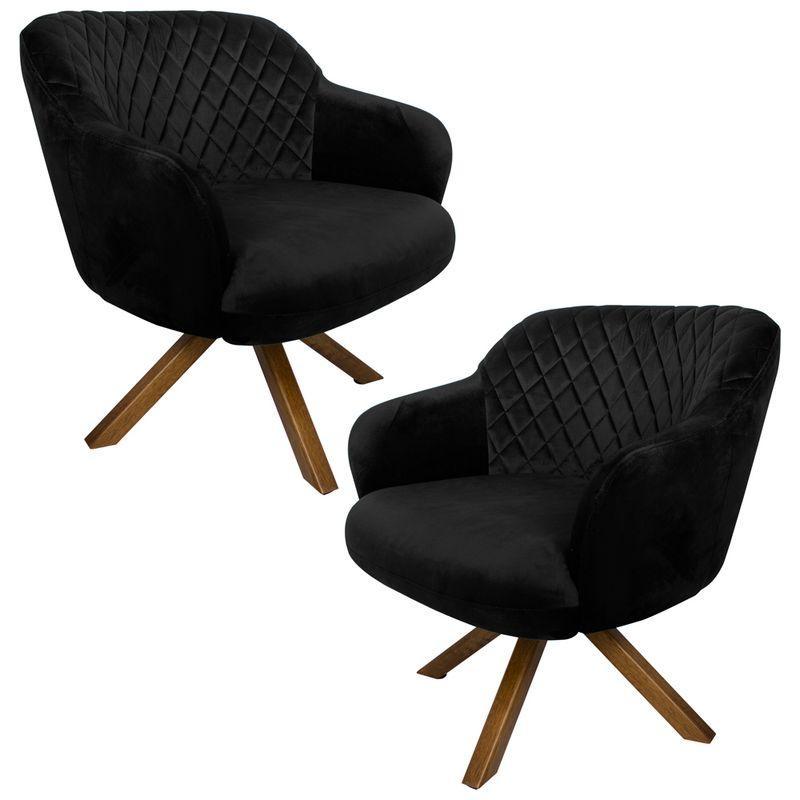 Kit 2 Poltronas Kitana Pés Madeira Giratório Veludo Preto - 1