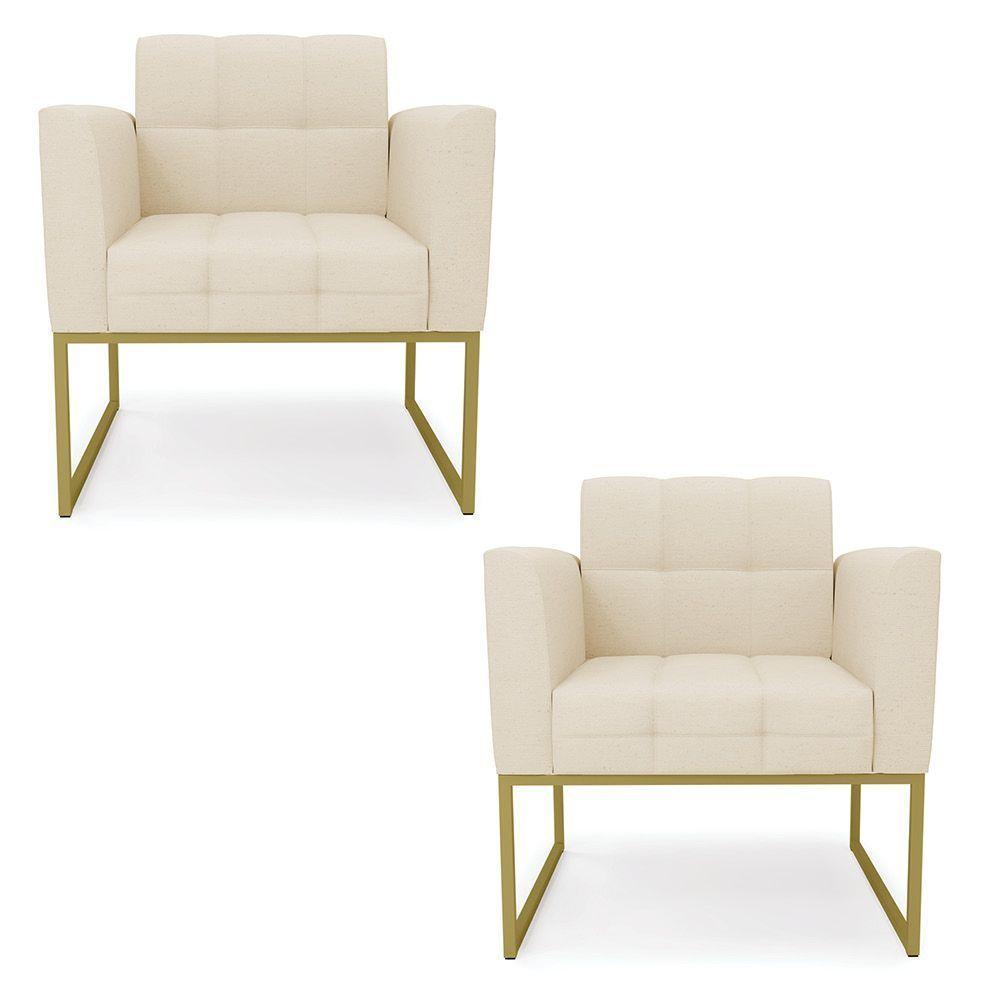 Kit 2 Poltronas Elisa Linho Base Metálica Industrial Dourada - D'rossi Cor A19 Bege - 1