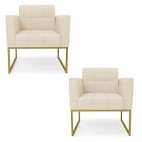 Kit 2 Poltronas Elisa Linho Base Metálica Industrial Dourada - D'rossi Cor A19 Bege - 1